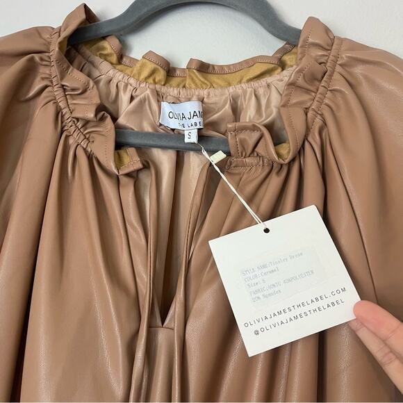 Olivia James The Label NEW Tinsley Faux Leather Tiered Ruffle Mini Dress Caramel - Picture 4 of 8